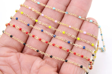 Enamel Satellite Chain, Gold Dainty Tiny Beaded By the Yard Unfinished Chains, 18 Neon LGBT Colors